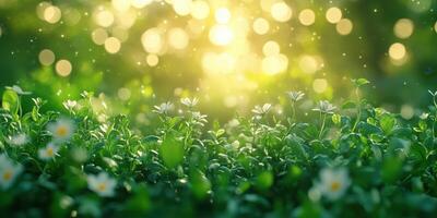 Sunlight filters through greenery illuminating blooming flowers in a tranquil garden setting during late afternoon photo