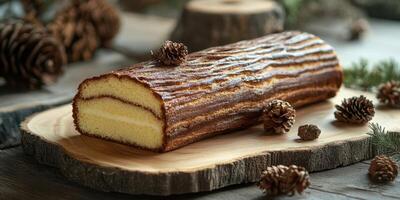 Decorative log-shaped cake displayed on a wooden platter with pinecones for a cozy rustic setting photo