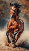 Horse galloping swiftly across a sandy landscape during a sunny day in a rural setting photo