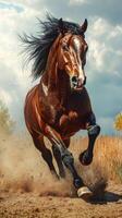 Majestic brown horse running swiftly through sandy terrain under a dramatic sky in the late afternoon light photo
