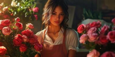 Flower arranging expert in a floral shop showcases vibrant roses in a cozy setting during the late afternoon light photo