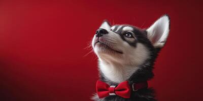 Siberian husky wearing a red bow tie poses against a vibrant red background photo
