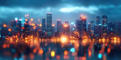 City skyline at dusk with illuminated buildings reflecting on calm water photo
