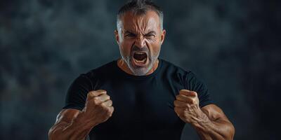 Muscular male expressing intense emotions during a dramatic pose in a studio setting photo