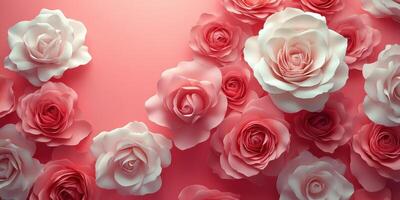 Roses of various shades arranged beautifully on a soft pink background for decoration and celebration photo