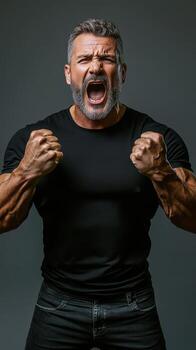 Powerful expression of strength and determination from a muscular man in a dark setting photo