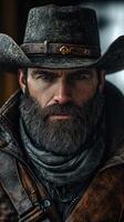 Cowboy in a rugged leather jacket with a wide-brimmed hat striking a serious pose in a rustic setting during the late afternoon photo
