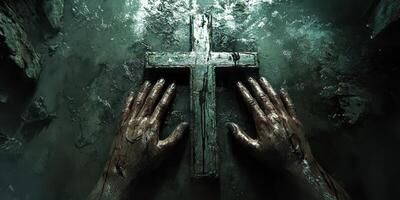 Hands reaching for a weathered cross in a dark, moody environment surrounded by debris photo