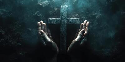 Hands reaching for a weathered cross in an underwater setting during a serene night photo