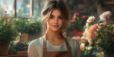 Smiling floral shop assistant among vibrant blooms and greenery in a sunlit flower shop photo
