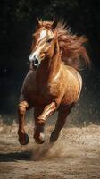 Majestic horse gallops swiftly across an open field under a bright sunlight photo