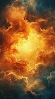Dramatic sky with swirling clouds in vibrant orange and gold tones at dusk photo