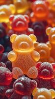 Colorful gummy bears arranged artfully with one standout orange bear in the center photo