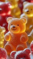 Colorful gummy bears displayed in a playful arrangement showcasing various flavors and textures photo