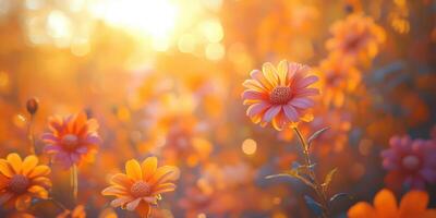 Bright flowers bloom under golden sunlight during a warm summer evening in a vibrant garden photo