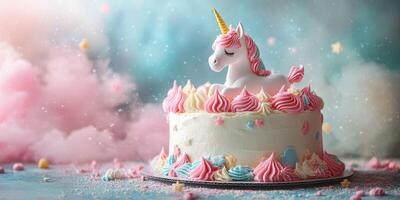 Delightful unicorn cake with pink and blue frosting in a dreamy setting photo