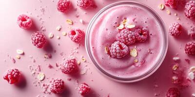 Delicious raspberry smoothie served in a glass bowl with fresh berries and oats on a pink background photo