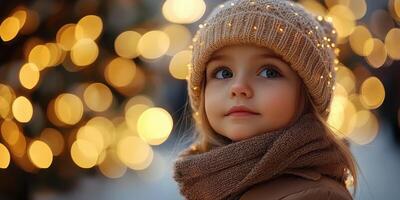 Child enjoying festive lights while gazing curiously in winter attire on a chilly evening photo