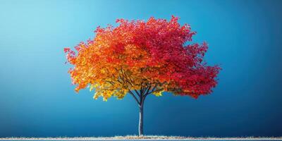 Bright autumn tree showcasing vibrant red and orange leaves against a clear blue sky in a serene landscape photo