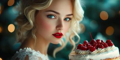 Young woman with beautiful features holding a colorful cake at a festive winter gathering photo