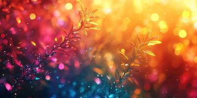 Vibrant illuminated foliage with colorful bokeh effects during twilight in an enchanted garden environment photo
