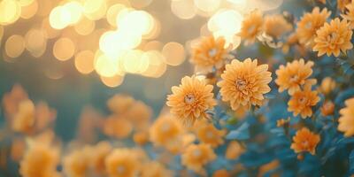 Beautiful yellow flowers blooming in a garden with soft sunlight illuminating the background during early evening photo