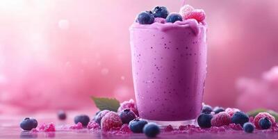 Delicious berry smoothie served in a glass with fresh fruits on a colorful background photo