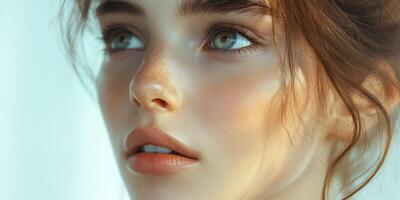 Young woman with expressive eyes gazes softly in natural light during a serene afternoon photo