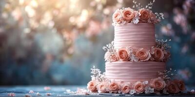 Beautiful three-tiered wedding cake adorned with blush roses and delicate flowers in a softly lit setting photo