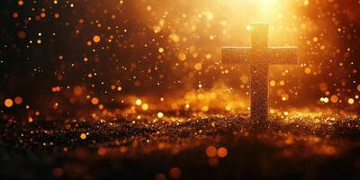 Golden light illuminating a cross surrounded by shimmering particles in a spiritual setting photo