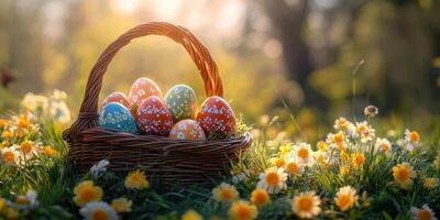 Colorful Easter eggs in a wicker basket surrounded by blooming flowers on a sunny spring day photo