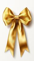 Elegant gold ribbon bow on a light background perfect for gift wrapping or decoration photo