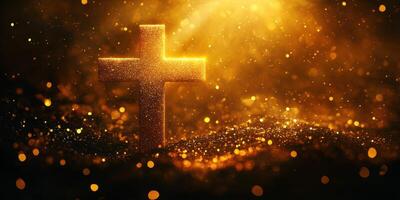 Glittering golden cross illuminated by soft light on a shimmering background during a peaceful evening photo