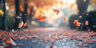 Vibrant autumn leaves floating gently above a sunlit pathway in a tranquil park setting photo