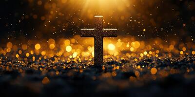 Glowing cross illuminated by soft golden light against a dark shimmering background photo