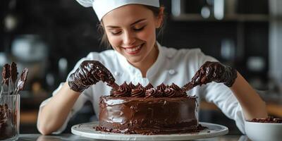 Skilled pastry chef decorating a chocolate cake at a modern bakery kitchen photo