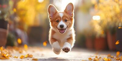 Playful corgi puppy runs joyfully through a golden autumn path surrounded by falling leaves photo