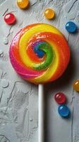 Colorful lollipop surrounded by jelly candies on a textured surface photo