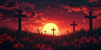 Sunset over a cemetery with crosses silhouetted against a vibrant sky filled with clouds photo