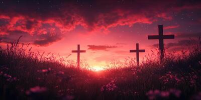 Sunset over a serene graveyard with three wooden crosses framed by wildflowers and vibrant clouds photo