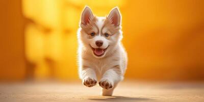 Happy puppy running in sunlight during the golden hour in a warm outdoor setting photo