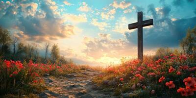 Peaceful sunset view with a wooden cross surrounded by vibrant wildflowers on a serene path photo