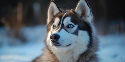 Majestic husky with striking blue eyes in a snowy landscape during winter photo