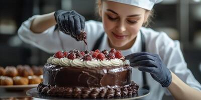 Skilled pastry chef decorates chocolate cake with fresh berries in a bakery during the afternoon photo