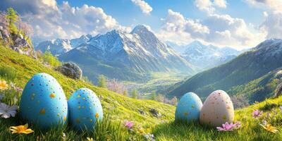 Colorful Easter eggs nestled in a vibrant meadow surrounded by majestic mountains on a sunny spring day photo