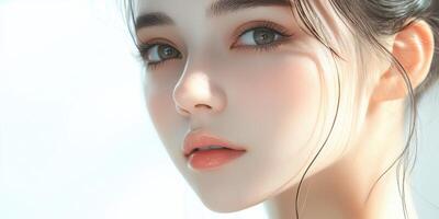 Young woman with flawless skin and captivating eyes gazes intently towards the camera with soft lighting highlighting her features photo