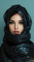 Woman wrapped in a black scarf poses against a light blue backdrop showcasing striking features and alluring gaze photo