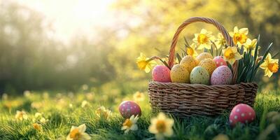 Colorful easter eggs in a basket surrounded by blooming daffodils in a sunlit garden photo