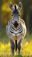Zebra stands gracefully in golden sunlight against a blurred natural background in a serene setting photo