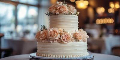 Stunning two-tier wedding cake adorned with delicate roses displayed in elegant venue setting photo
